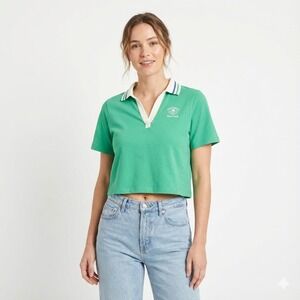 Crane Green Pickleball Sport Club Cropped Polo Shirt Women L Green Preppy Sporty